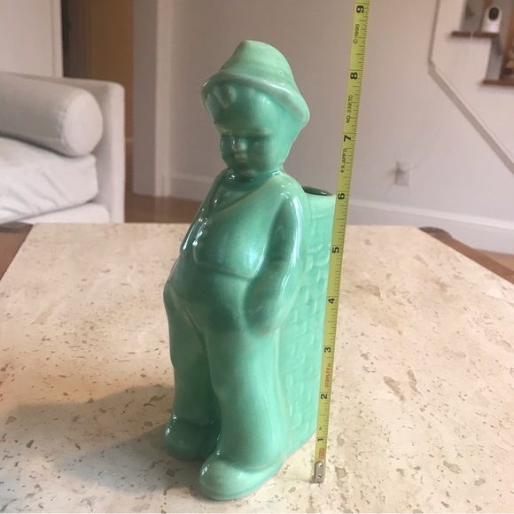 Vintage Little Boy Green Ceramic Planter or Small Vase. Measures 8.5”x4”x3”. - Picture 3 of 17